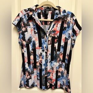 Alfani Women's Button Down Shirt - Black, Blue, Red Floral Stripes